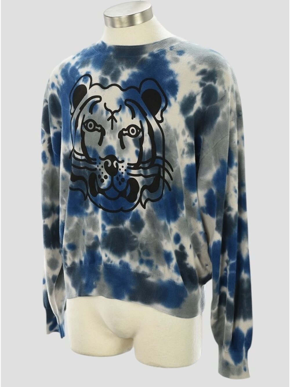 KENZO Mens Blue Gray Tiger Graphic Tie Dye Cotton Crew Neck Sweater LARGE NWT